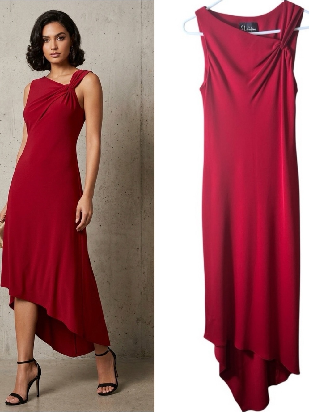 SL Fashions Red Asymmetrical Handkerchief Hem Dress S Cocktail Wedding Guest Mod